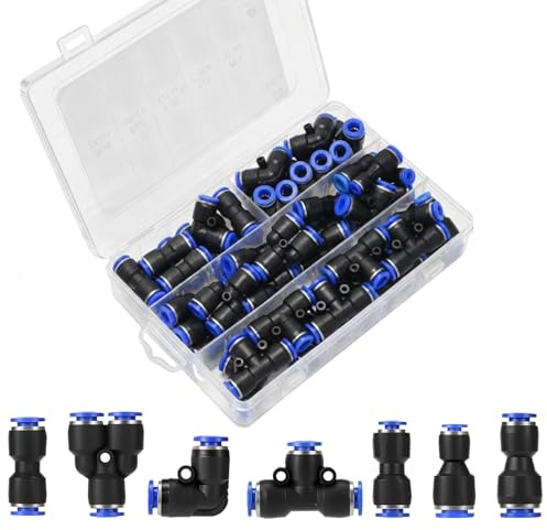 52 Stück 6mm Pneumatisches Quick-Push-In-Verbindungs-Kit,Gerade/Winkel/T/Splitter Anschluss, Quick-Push-In-Verbindungs-Kit für Luftschläuche,PU, Nylon, PE Rohre