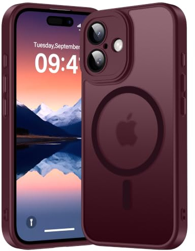 Opkiegrn for iPhone 16 Case Compatible with Magsafe-Burgundy | Camera Lens Protector + Lanyard, Shockproof Military-Grade Drop Protection, Magnetic Translucent Matte Hard Back Cover