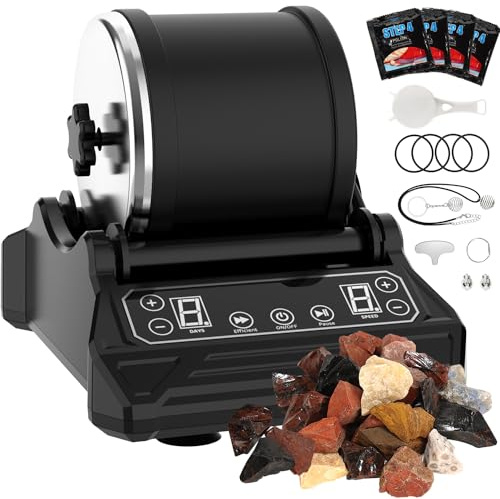 Rock Tumbler Kit, Steinschleifmaschine, 9-Tage-Timer & 9-Gang | Komplettes Steintrommel Set mit Rohsteinen, Poliermaterial, Zubehör & beiliegender Bedienungsanleitung - DIY-Werkzeug
