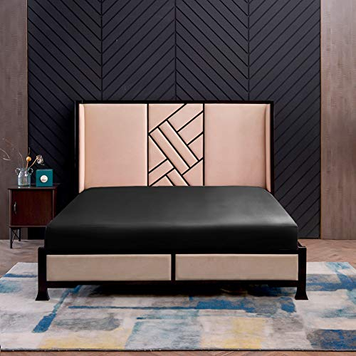 THXSILK Spannbettlaken Seide Bettlaken 140x200, Schwarz Seiden Bettlaken, 100% Reine 19 Momme Maulbeerseide Bettwäsche Spannbetttuch für Standardmatratze 30cm