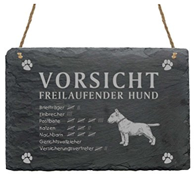 Schild Schiefertafel Spruch Bullterrier Vorsicht Freilaufender Hund 22 x 16 cm