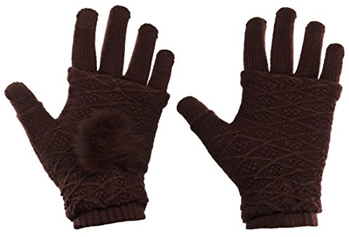 wortek Handschuhe Damenhandschuhe Touchscreen warme Winterhandschuhe mit Kunstfell-Puschel Armstulpen flauschiger Pompon Gloves Touch Sense Pad für Smartphone/Handy/Tablet Größe S-M Braun