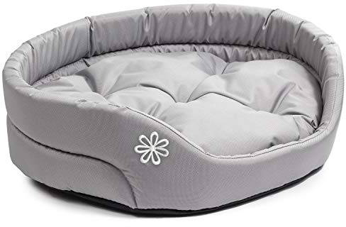 BOUTIQUE ZOO Hundebett | Oval Hundekissen für Kleine Hunde oder Katzen | Kratzfest Hundeliege mit Kissen | Hundekorb | Waschbar Polyester | Große: S (46x40 cm) | Farbe: Grau