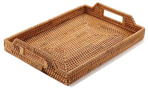 Rattan Serviertablett mit Griffen, Rechteckiges Tablett aus Rattan zum Frühstück, Getränken, Snacks zum Essen/Couchtisch (37 cm)