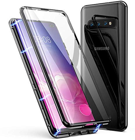 Handyhülle kompatibel mit Samsung Galaxy S10 Hülle Magnetische Adsorption Metallrahmen 360 Grad Full Body Schutzhülle Vorne hinten Gehärtetes Glas Schutzhülle Einteiliges Case,Schwarz