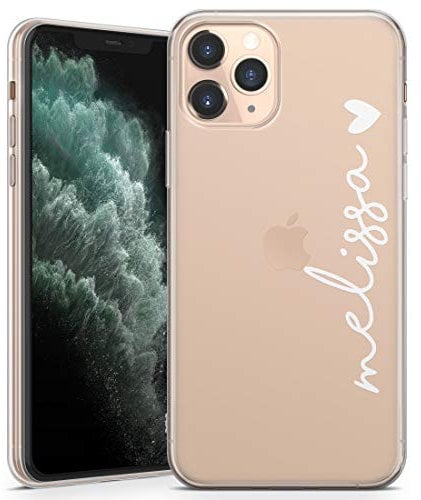 TULLUN Personalised Phone Case for iPhone 11 - Clear Soft Gel Custom Cover Vertical Colour Name & Heart Individual Style Initials Name Text - White