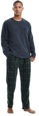 Pigiama da uomo a maniche lunghe in pile termico con pantaloni a quadri blu navy M