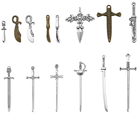 Cheriswelry 34 tibetische Anhänger, lange Schwerter, Messer, Dolch, 14 Stile, für die Herstellung von Herren-Schmuck und Halsketten