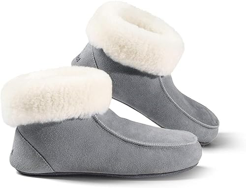 Fellhof handgemachter Hüttenpatschen aus Lammfell Hausschuh Damen Herren Unisex gefüttert Winter-Sommer Hausschuhe Naturprodukt atmungsaktiv (Blue Grey Gr. 43)