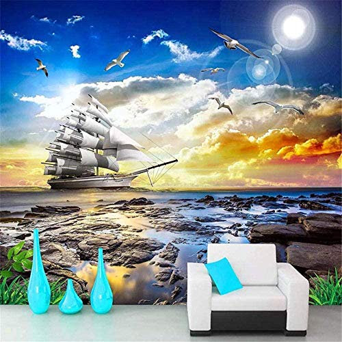 XiuTaiLtd Custom Photo Wallpaper 3D Sea View Seagull Sailing Boat Sunrise Landscape Painting Living Room Sofa Bedroom Wallpaper-Sea View Sailboat-200x140 CM