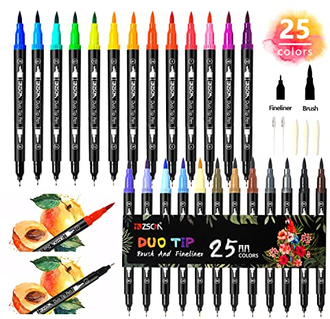 ZSCM Pinselstifte, 25 Farben, mit Aquarell-Marker, feine Spitze, Fineliner für Erwachsene, Malbücher, Bullet Journal, Kalligraphie und Zeichnungen, Illustrationen, Skizzen…