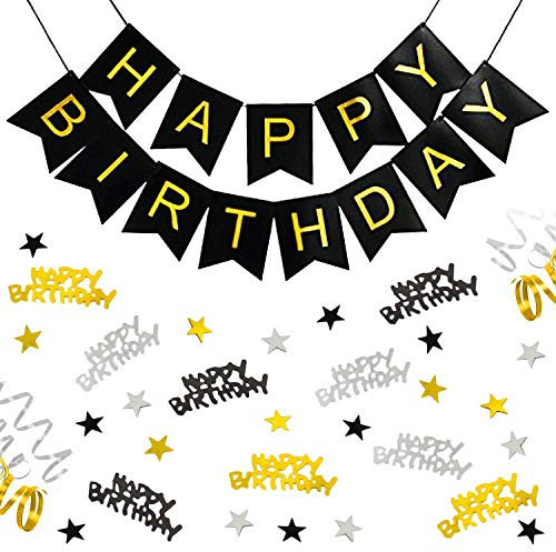 Oblique Unique® Geburtstagsdeko schwarz gold – edles Deko Set Erwachsene mit Happy Birthday Girlande & 500 Konfetti – Partydeko Männer, Frauen, Teenager – Hängedeko & Tischdeko Geburtstag