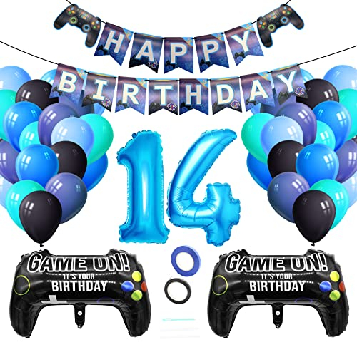 Luftballons Geburtstagsdeko Junge 14 Jahre, Techextra Videospiel Game Party Geburtstag Dekoration Zubehör Set mit Happy Birthday Banner für 14. Jahr Jungen Ballon Geburstag Deko (14 Jahr)