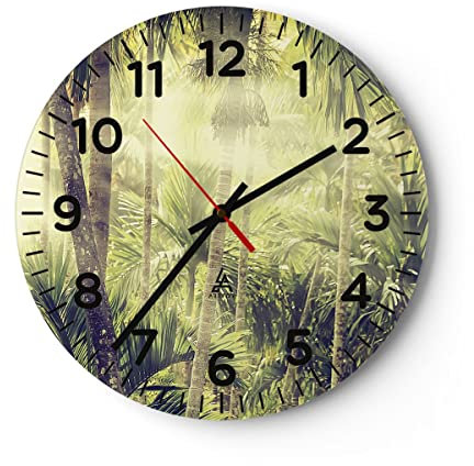 Modern Wanduhr Morgendämmerung Dschungel Palmen 30x30cm Rund Klein Wand Uhr Glas Analog Zimmeruhren Küche Büro Wohnzimmer Glasuhr Wall Clock Dekoration Design Wanddekoration Küchenuhr C4AR30x30-4450