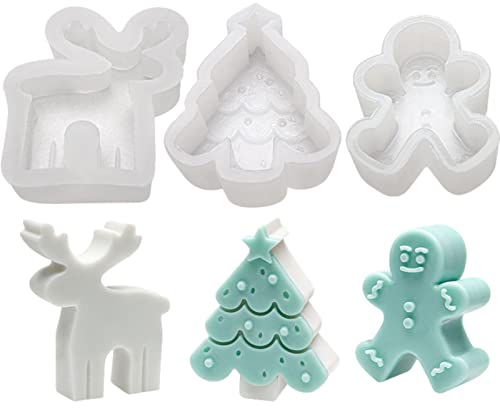 Pomurom 3 Silikonformen Weihnachten Silicon Mold Resin, Silikonform Weihnachtsbaum Lebkuchenmann Hirsch Epoxidharz Gipsguss Weihnachtsduftkerze Klein, Silikonformen Für Beton Epoxidharz Kerzen Gießen