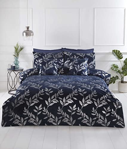Rapport Home Navy Blue Bedding Set Elegant Floral Foil Printed Duvet Cover Kingsize Crushed Velvet Quilt Cover Set (230 x 220 cm)