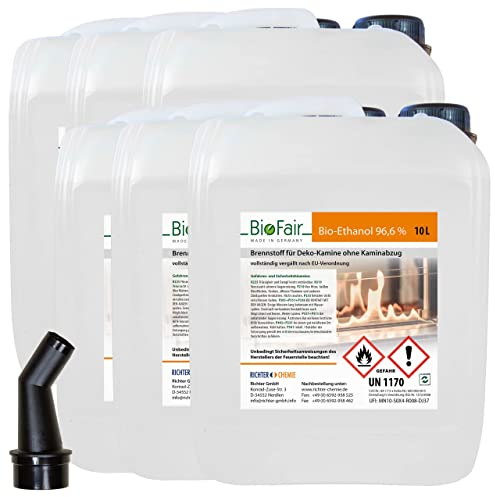 60 Liter (6 x 10L-Kanister) Bioethanol 96,6% im Kanister in geprüfter Premium Qualität für Bioethanol-Kamin, Ethanol Tischkamin, Wandkamin - geruchs- und rückstandslose Verbrennung