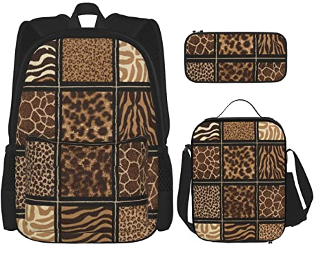 CARRDKDK Bunte Flip-Flops bedruckter Rucksack, 3-teiliges Set, Schultaschen, Büchertasche mit Lunchbox und Federmäppchen für Jungen und Mädchen, Wild Zoo, Einheitsgröße