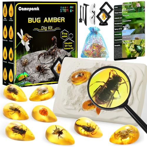 Cameparck Bigger Amber Dig Kit-8 Artificial Insect Resin, Excavate Unique Insect Specimens, STEM Excavation Bugs Toys Science Kit for Kids,Educational Gifts Party Favors for Girls & Boys Age 6-8-12-14