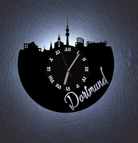 Designbysh LED Wanduhr Dortmund Skyline Uhr Hintergrundbeleuchtet mit schleichendem Uhrwerk