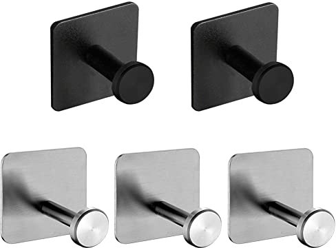 YHTSPORT Crochet Adhésif Mural, 5 Pcs Crochet Salle de Bain en Inox, Porte Serviette Salle de Bain sans Percage, Patère Murale Adhesive, Accroche Torchon Cuisine, Coussinet Collant 3M