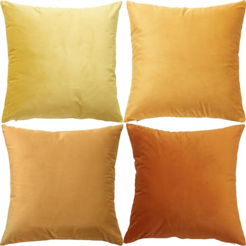 GONOVE Kissenbezüge 45x45cm Weicher Samt Bunte Plain Kissenbezug 4er Set Dekorative Kissenhülle Zierkissenbezüge Kissen für Sofa Couch Zuhause Wohnzimmer, Orange Serie