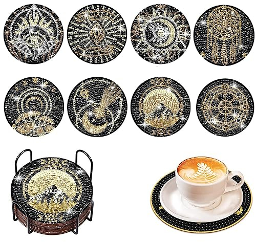 MAOYUTOU Diamond Painting Untersetzer 8 Set mit Halter 5D Diamond Painting Erwachsene Diamant-Malsets, DIY-Tarot-Untersetzer zum Basteln Erwachsene