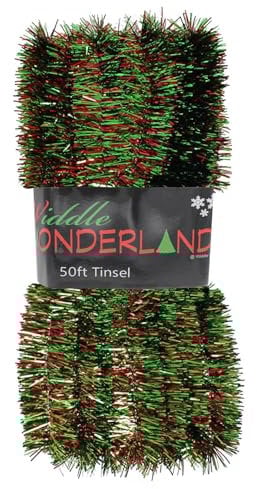 Widdle Gifts 50ft x 3cm Tinsel Extra Long 15 Metre Christmas Decoration, Crafting, Christmas Trees and party Decorations (Red and Green)