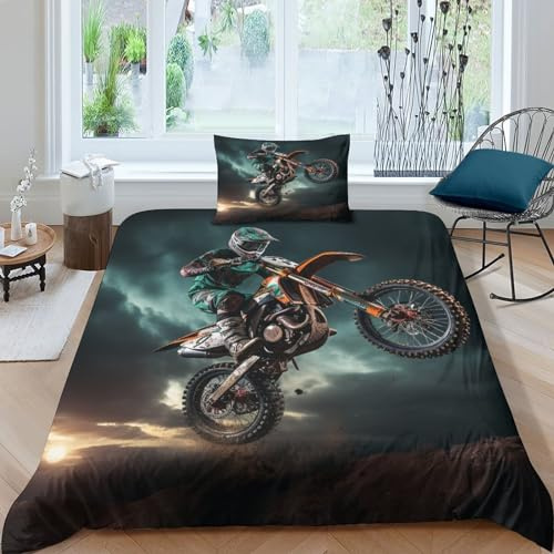 GEEYOU Motorcycle Race Bettwäsche Bedruckte Gebürstet Weichs Motocross Bettwäsche Tröster Set Baumwolle Bettbezug, Mikrofaser Bettbezug Mit Reißverschluss Für Erwachsene Und Kinder Single（135x200cm）