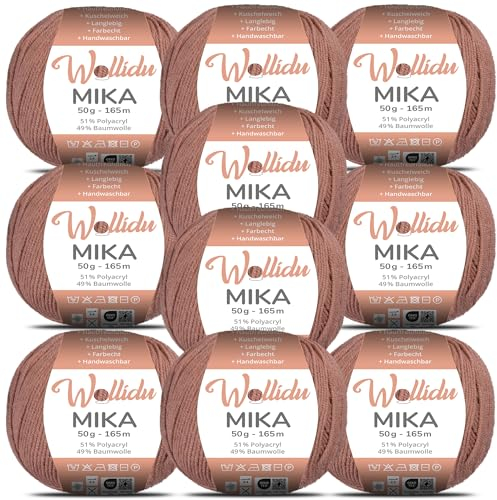 Wollidu Mika 51% Polyacryl 49% Baumwolle zum Häkeln und Stricken 10x 50g/165m Oeko-Tex Strickgarn Häkelgarn - Rötlich Braun