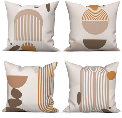 ASDCXZ Boho Kissenbezug 50x50 cm 4er Set, Modern Abstrakt Kunst Braun Sonne Beige Sofa Dekokissen Kissenbezüge Kissenhülle Waschbar Polyester Flachs Textil Outdoor Kopfkissenbezug Kissen Bezug