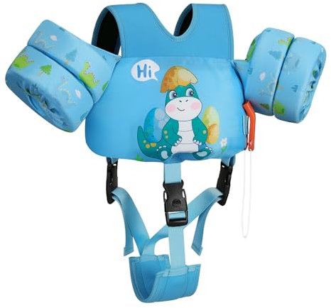 MoKo Kinder Schwimmflügel, Cartoon Schwimmweste mit Schultergurt Schwimmtraining Jacke Schwimmende Badeanzug Schwimm Zubehör mit Doppel Schnalle für 13-30 lbs Jungen Mädchen, S, Blau & Dinaosaurier