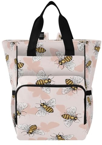 ISAOA Borsa per pannolini rosa con api, per donne e uomini, grande zaino per computer portatile, zaino da viaggio, impermeabile, borsa per il pranzo con tasche isolate e cinghie per passeggino,
