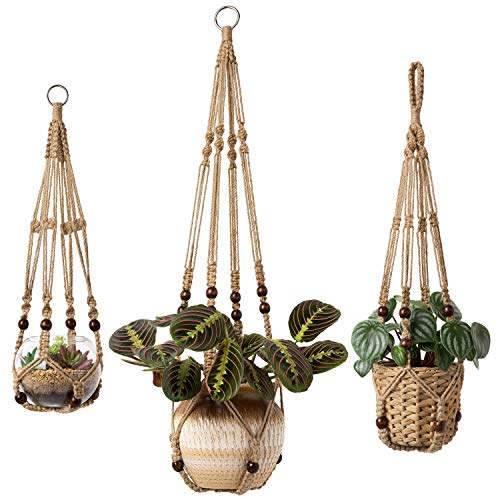Mkouo 3er Set Makramee Blumenampel Pflanzenhänger Innen Pflanzkorb Hängender Blumentopfhalter Jute-Seil mit Perlen ohne Quasten Jute-Seil, 58cm/73cm/89cm