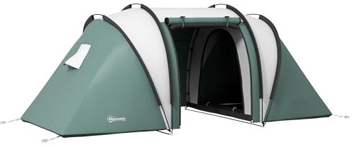 Outsunny 4-5 Man Camping Tent with 2 Bedrooms, Living Area and Awning, 3000mm Waterproof Large Family Tent, Portable with Bag, Tunnel Tent for Fishing Hiking Festival, Dark Green