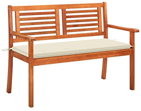 Mengtu 2-Sitzer-Gartenbank mit Auflage Sitzbank Holzbank Balkonbank Terrassenbank Bnak mit Rückenlehne Parkbank Ruhebank für Garten Balkon 120 cm Massivholz Eukalyptus Braun und Cremeweiß