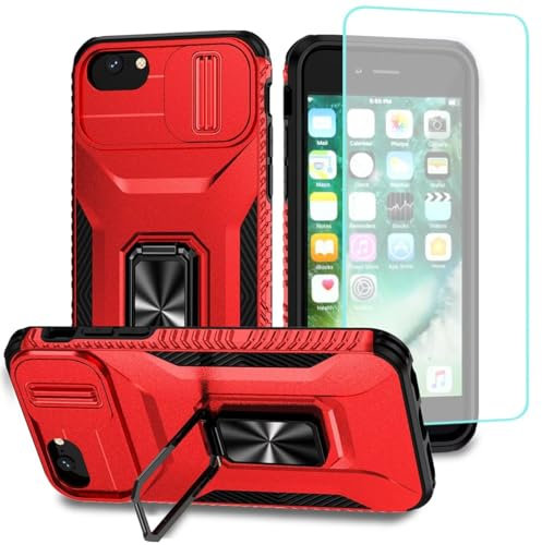 Wanyuexes Case for iPhone SE 2022/SE 3 2022/SE 2020/iPhone 7/8/iPhone 6S/6 Case with Tempered Glass Screen Protector and Slide Camera Cover, Rotated Ring Car Mount Holder Phone Cover for iPhone 8 Red