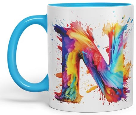 Vixar Letter N Mug, Alphabet Letter N Monogram Watercolour Ceramic Coloured Mug Cup for Tea Coffee Hot Brew 330ml 11Oz Gift (L Blue)