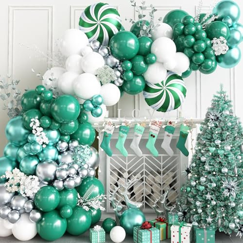 HILAVO Green Christmas Balloon Garland Arch Kit, 134PCS Retro Green White and Silver Balloons with Pinwheel Foil Balloons for Christmas Baby Shower New Year Winter Holiday Birthday Party Decorations
