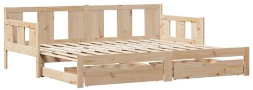 vidaXL Tagesbett, Bettsofa Ausziehbar mit Schubladen, Gästebett ohne Matratze mit Lattenrost, Ausziehbett Schlafsofa, 90x200cm Massivholz Kiefer