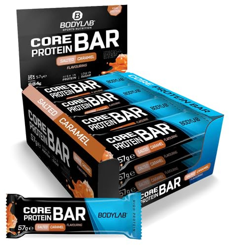 Bodylab24 Core Protein Bar Salted Caramel 12 x 57g, leckerer Protein-Riegel mit Schokoladenüberzug und Karamellkern, mit bis zu 20g Eiweiß je Riegel