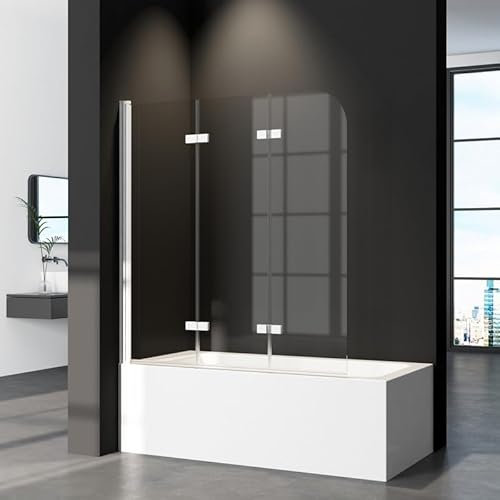 Duschwand für Badewanne 140 x 140 cm 3-teilig Faltbar, Weiß Duschabtrennung Badewannenaufsatz aus 6mm ESG Sicherheitsglas mit Nano Beschichtung, 140cm Duschtrennwand Glas Badewannenwand