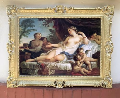 Bild mit Rahmen Gold Gerahmte Gemälde 90x70 Wandbild Engel Frau nackt Akt barock