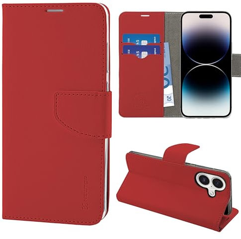 N NEWTOP Cover Compatibile con iPhone 16, HQ Lateral Custodia Libro Flip Chiusura Magnetica Portafoglio Simil Pelle Stand Protezione Completa Porta Cellulare Case TPU Anti Urto Guscio Base (Rosso)