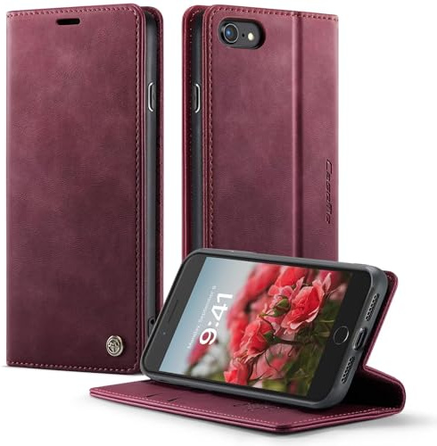 WenBaby CaseMe Case for iPhone 6/7/8/SE 2020/SE 2022 Flip Wallet Leather Phone Cover,[RFID Blocking] Luxury PU Leather Card Holder [Kickstand],Wine red