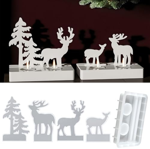 Silikonform Weihnachtsbaum Elch WISIRENT, 5 Stück Weihnachtshirsch Silikonform Weihnachten Elch Silikon Kerzenformen, Weihnachtsbaumkerzenhalter Silikonformen Gießformen Elch für Bastelarbeiten, Diy