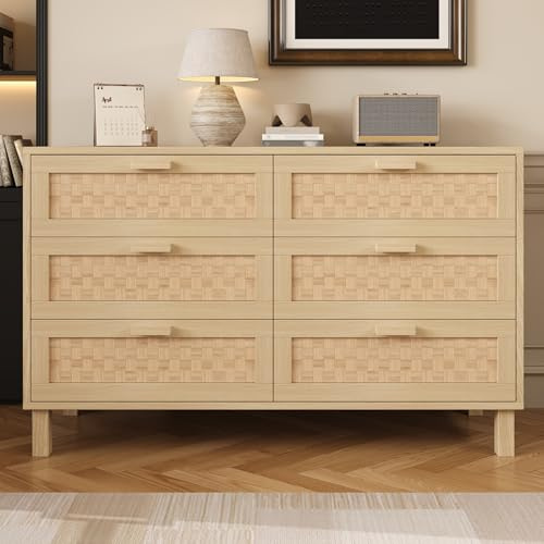 AilZylphera Kommode und Sideboard mit 6 Schubladen, 120×77×40cm Rattan Kommodenschrank Kommode Wohnzimmer Esszimmerschrank Anrichte für Eingang, Esszimmer, Schlafzimmer und Wohnzimmer (Holzfarbe-B)