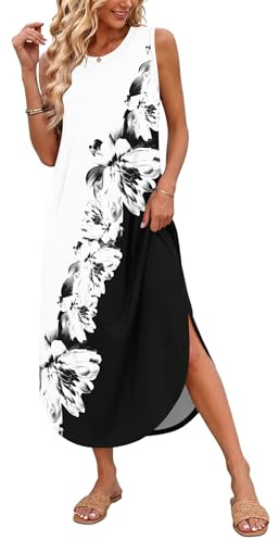 AUSELILY Robe Longue Femme Ete sans Manches Robe de Plage Maxi avec Poches