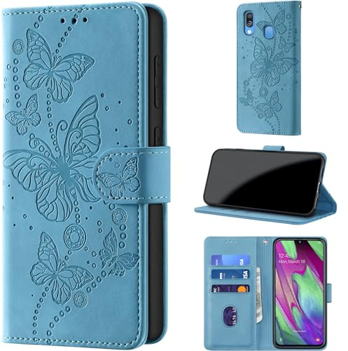 Handyhülle für Samsung Galaxy A40 Hülle, Hellblau | Klappbar Premium PU Lederhülle, RFID Schutz, Stoßfeste, Kartenfach, Standfunktion, Magnetverschluss, Leder Prägung, Flip Case