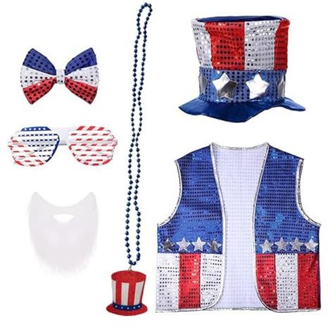 XAGMODSHN Kostüm-Set zum 4. Juli, patriotischer Zylinder, USAS-Sonnenbrille, Fliege, Weste, Neacklace Amerika-Flagge, Kostüm-Zubehör, Unisex, Flagge, Kostüm-Zubehör